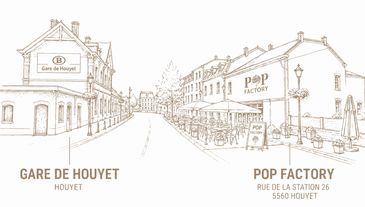 Illustration de la rue de la Station à Houyet, avec la gare de Houyet et Pop Factory situés sur la même rue